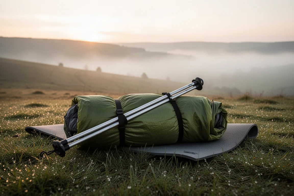 Rolled bivvy bundle lying on dew-covered grass on a hillside at sunrise