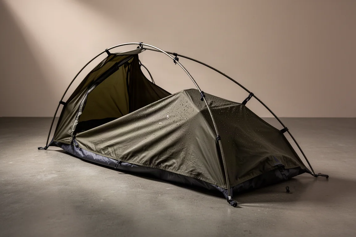 Olive hooped bivvy bag with arched pole on a matte concrete surface