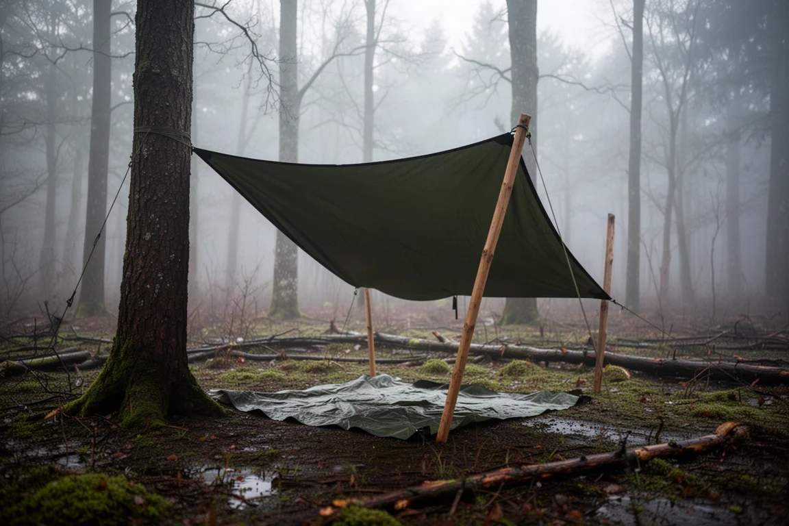 Laag opgezet tarp tussen bomen in een vochtige bosopen plek