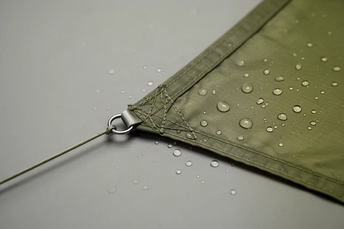 Close-up van strak silnylon doek met waterdruppels en een scheerlijn-bevestigingspunt