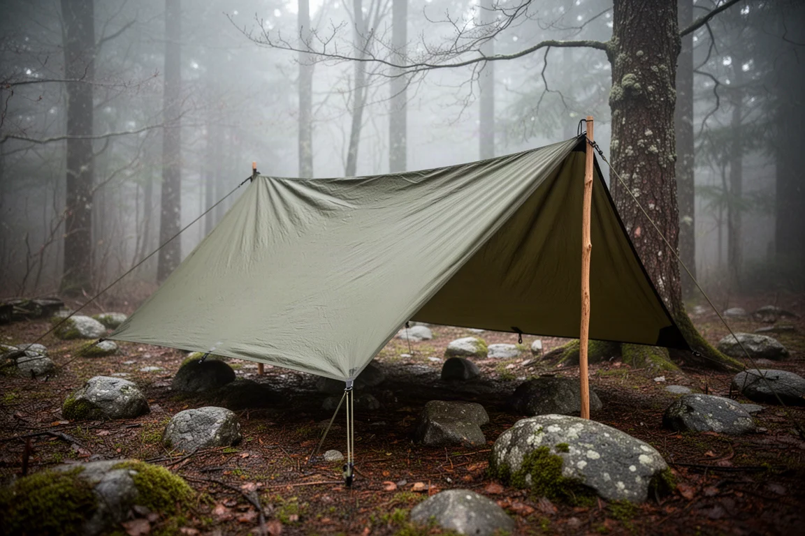 Orange lightweight camping tarp partially unfolded on a concrete surface showing seams and tie-out loops
