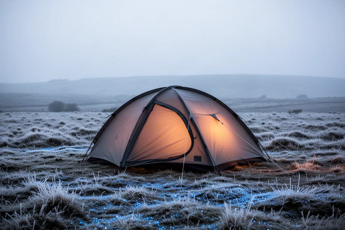 Tent opgezet op besneeuwde heide bij schemering met warm licht dat door het doek schijnt