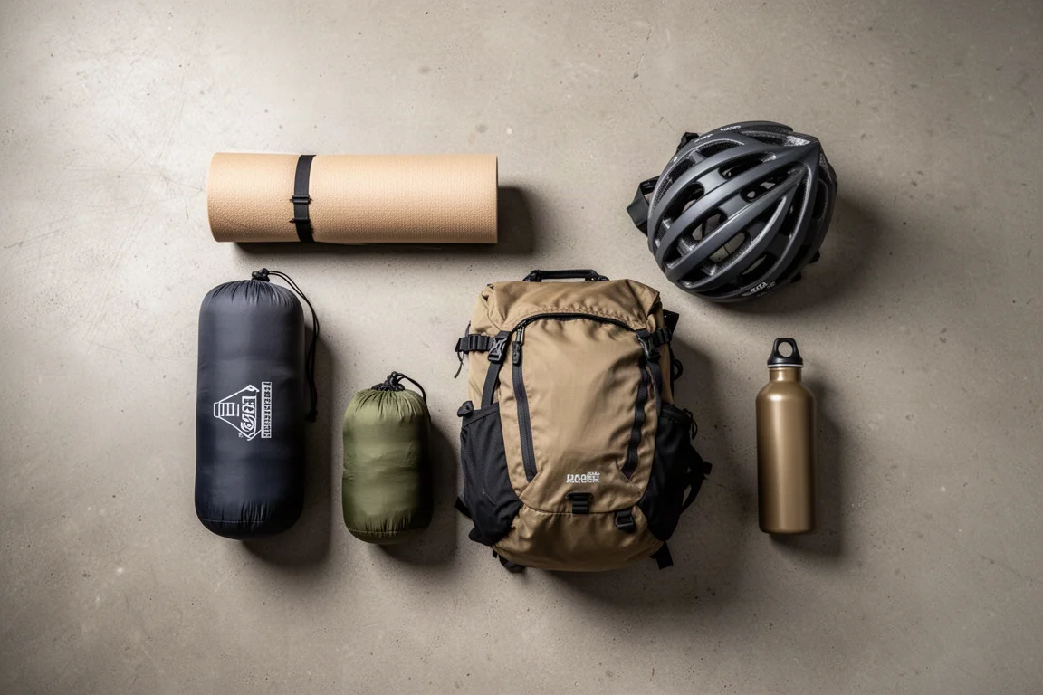 Bikepackinguitrusting uitgespreid op beton met een ingepakte slaapzak en slaapmat