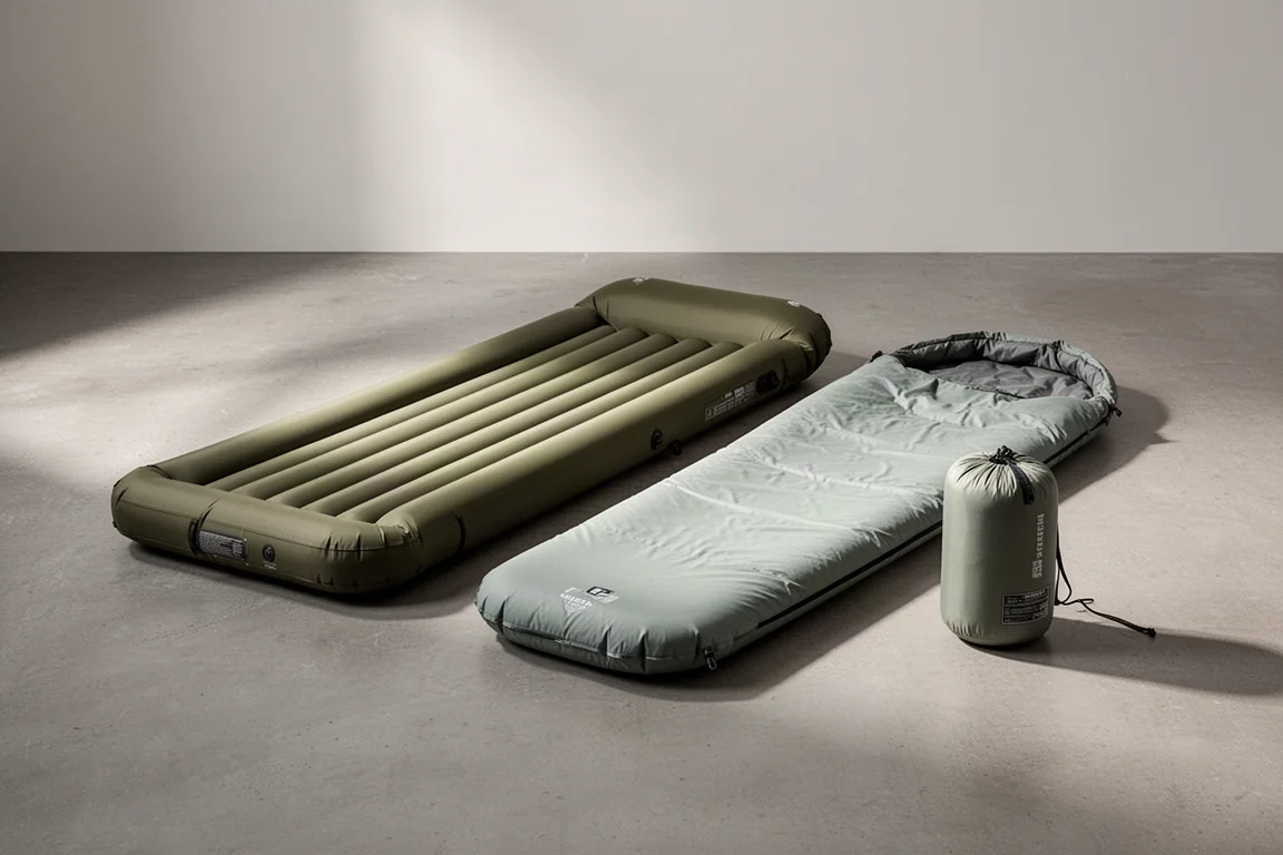 Trzy sleeping pad na betonowej podłodze, w tym napompowane maty i spakowany stuff sack