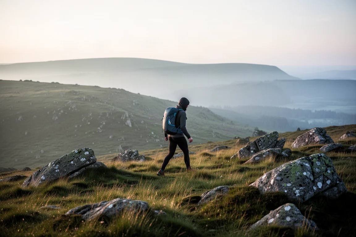 Fast-packing hiker walking a high moorland ridge at first light with a lightweight backpack