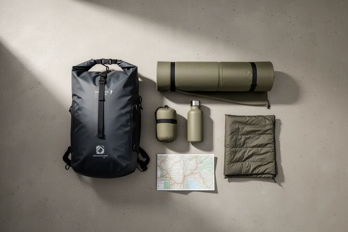Flat-lay of lightweight backpacking kit beside a waterproof roll-top backpack on concrete