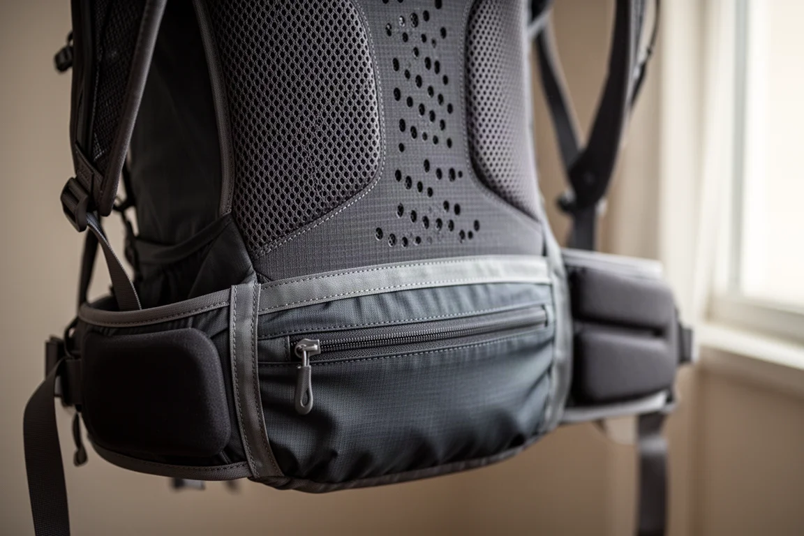 Close-up of ventilated mesh back panel and padded hip belt on a lightweight backpack
