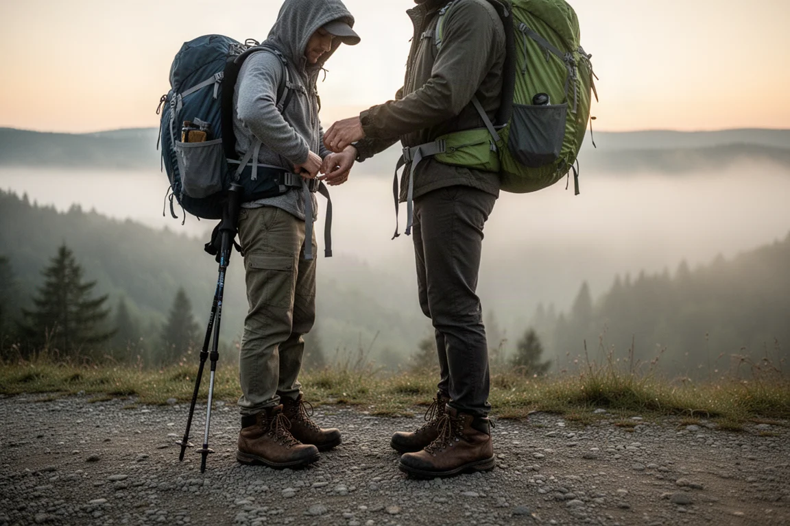 Hiker adjusting the hip belt of a loaded lightweight backpack at a misty trailhead at dawn