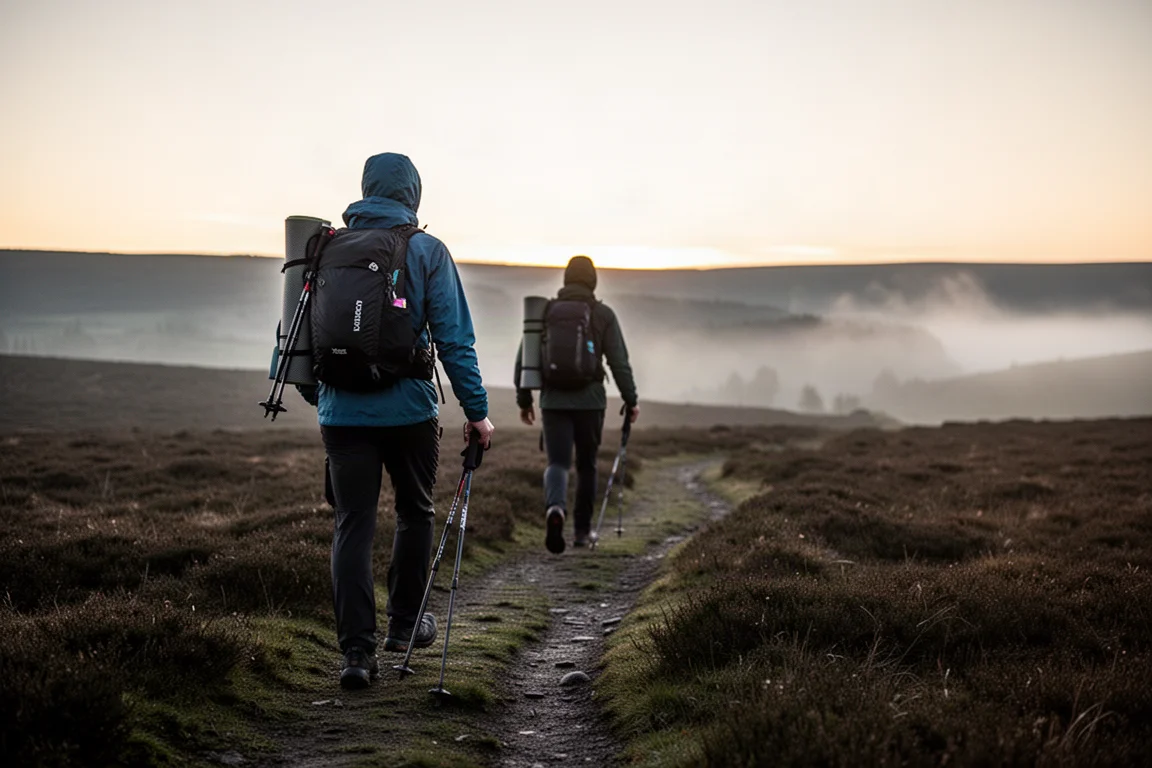 Praticante de fastpacking caminhando por trilha de charneca ao anoitecer com bastões presos à mochila