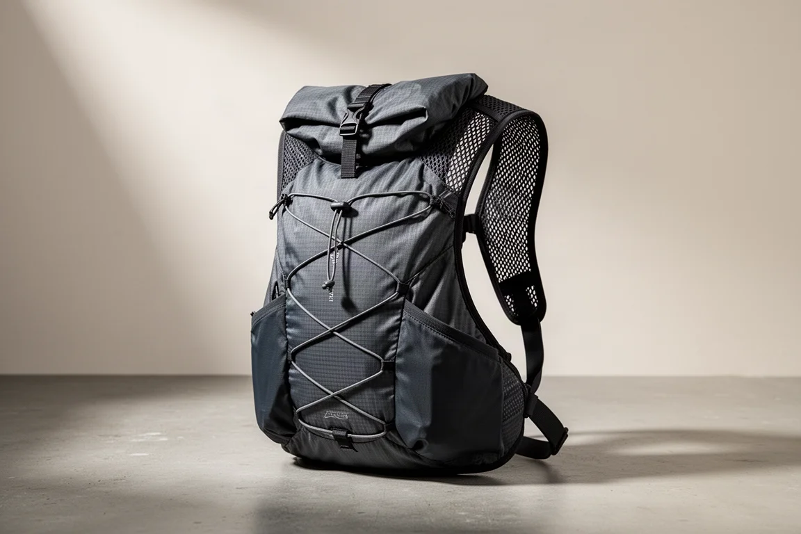 Dark charcoal 30-litre running vest pack on a matte concrete surface in soft studio light