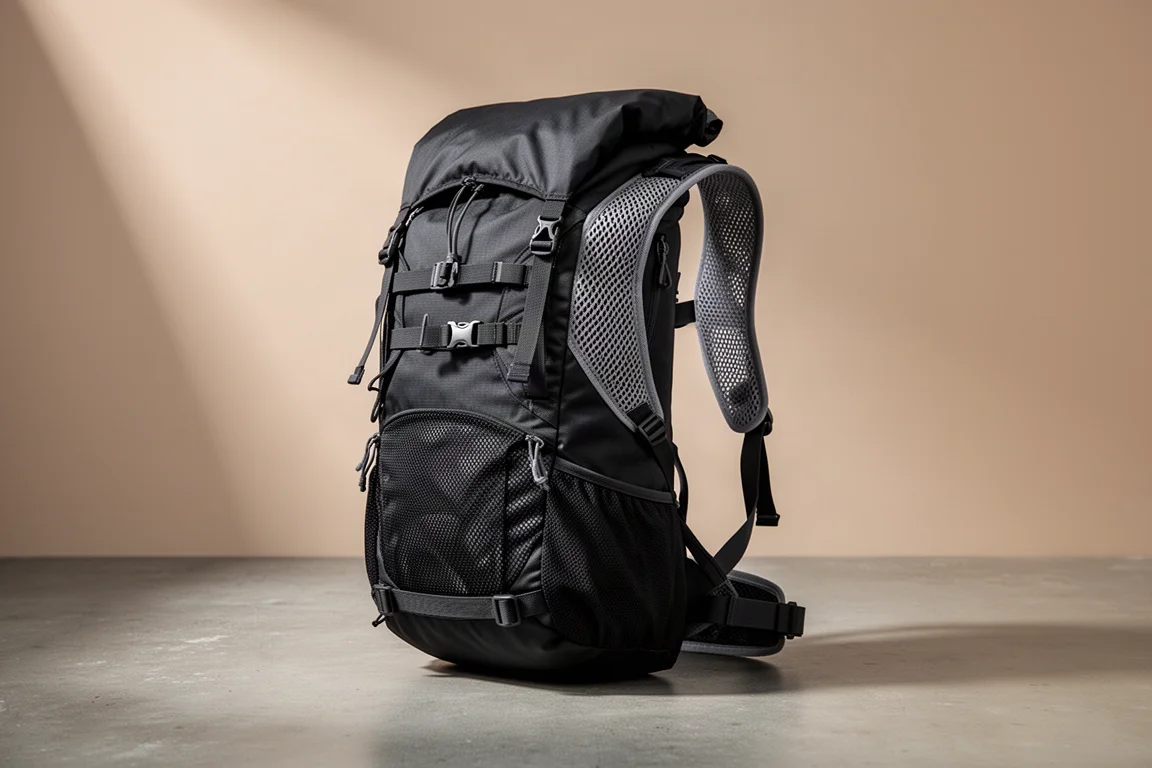 Black Rab Veil XP 30L fastpacking rucksack with vest harness on concrete