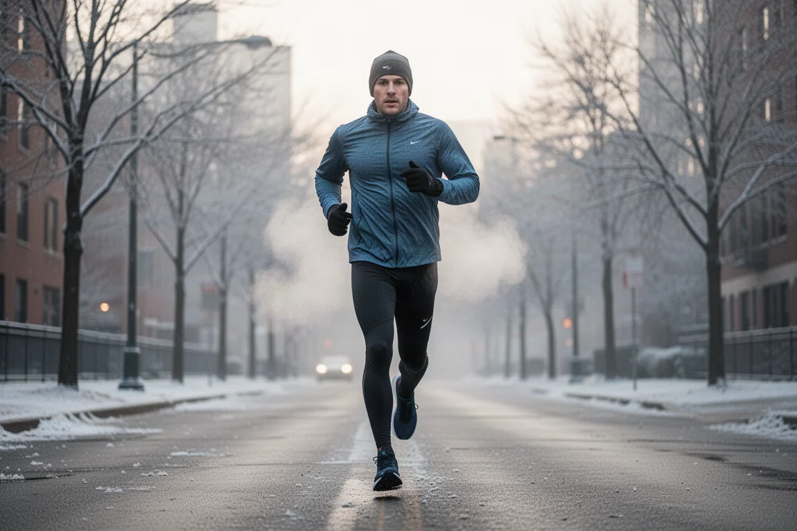 Runner in winter clothing starting an interval workout on a cold, windy morning