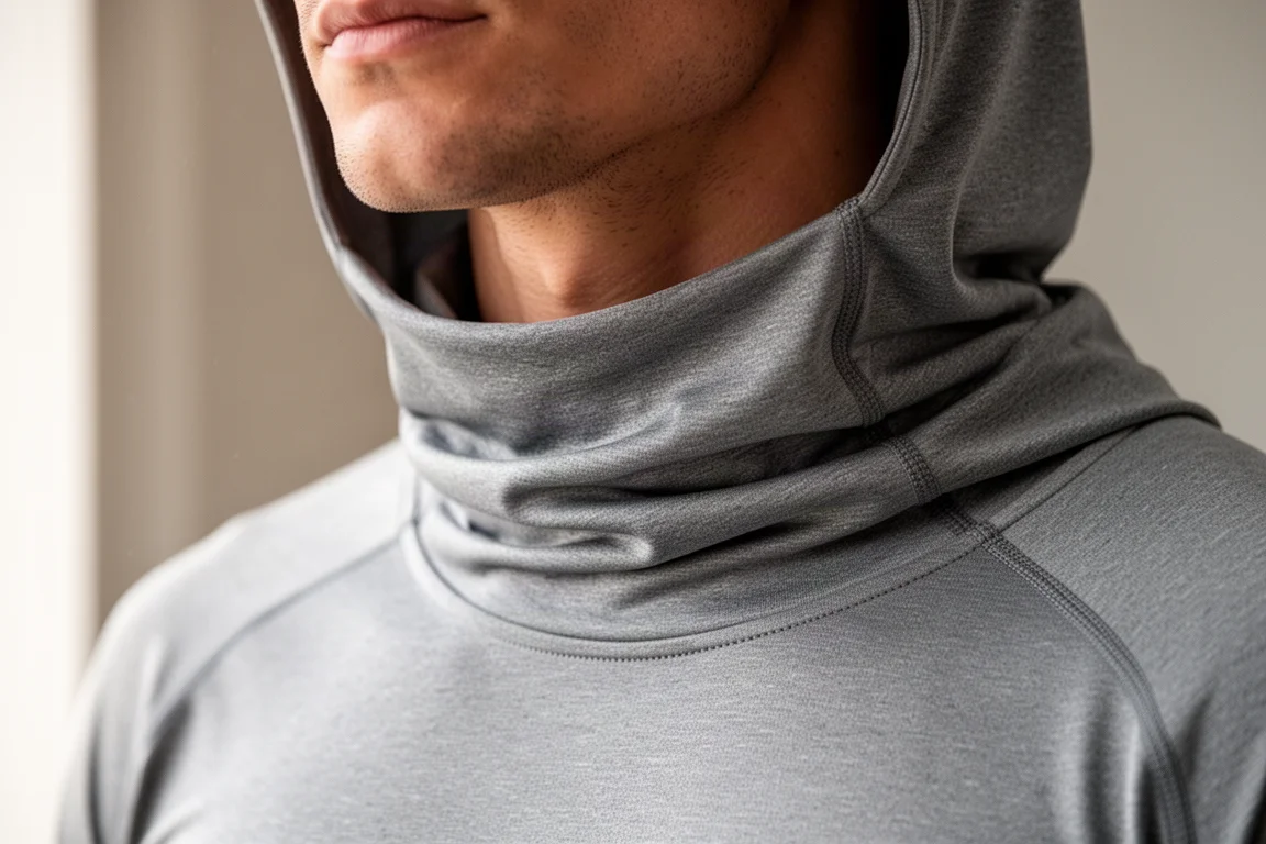 Close-up of a balaclava hood folded down as a turtleneck collar on a runner