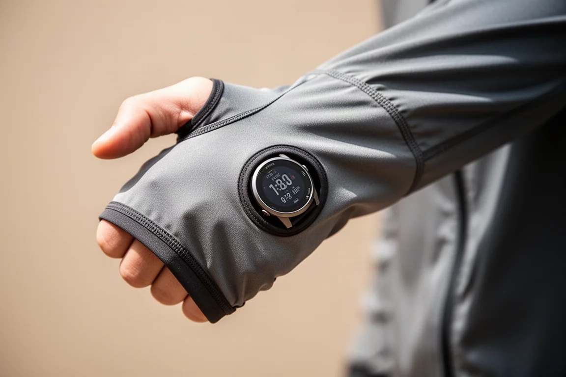 Cuff of a running jacket showing thumb hole and watch window
