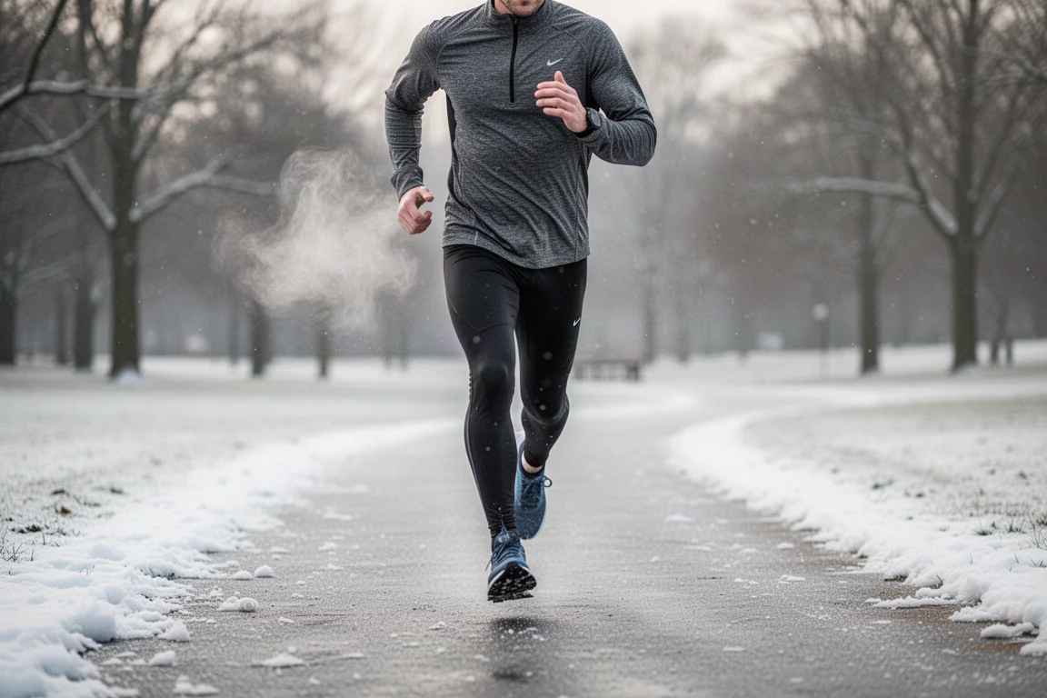 Runner mid-workout breathing hard on a frozen winter path