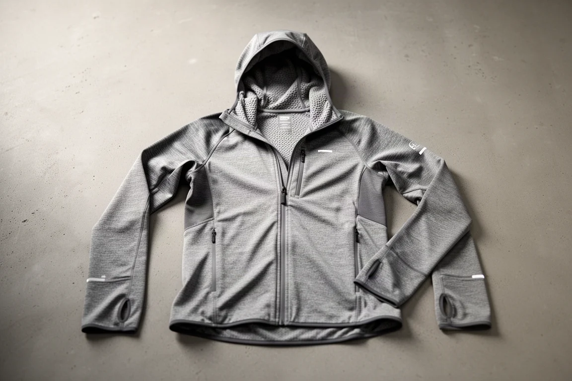 Rabbit Cocoon winter running jacket with integrated balaclava laid flat on concrete