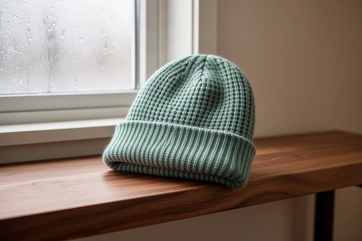 Cappello in maglia mélange verde acqua appoggiato su una superficie in legno
