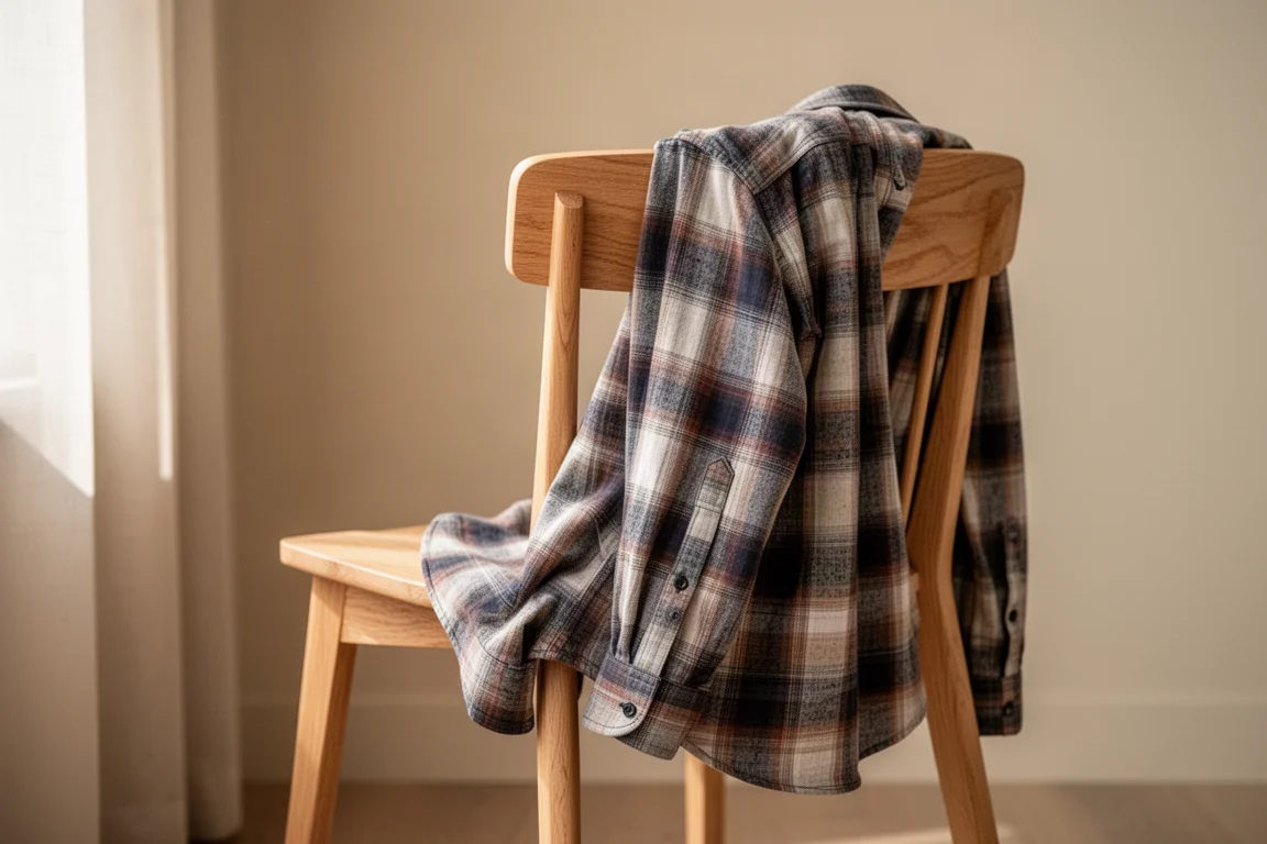 Flanella plaid performance a manica lunga appoggiata con noncuranza su una sedia al chiuso