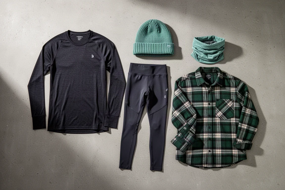 Flat lay of winter running apparel including tights, long sleeves, beanie, and neck gaiter