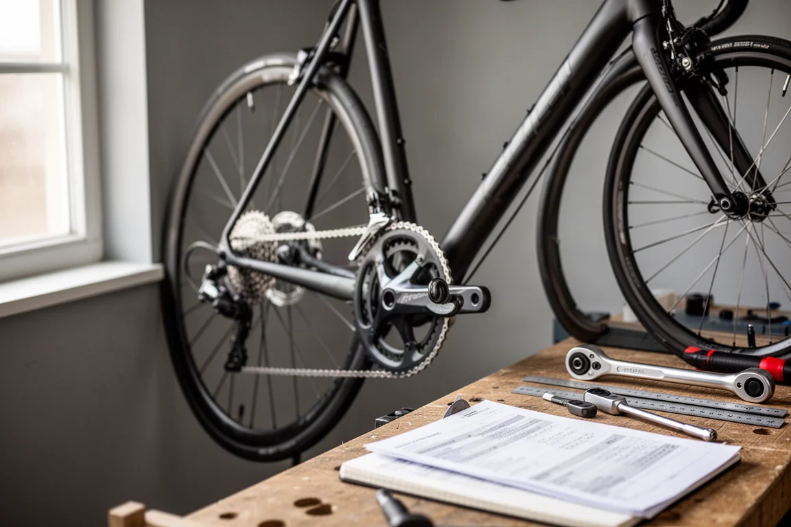 Rennrad lehnt an einer Werkbank, daneben Werkzeug und Datenblätter