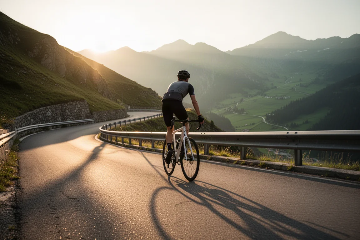 Radfahrer auf einem steilen Serpentinenanstieg im goldenen Abendlicht, dahinter ein Tal