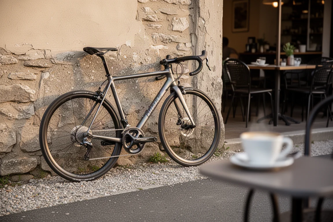 Rennrad lehnt an einer Steinmauer neben einer Cafeterrasse im Nachmittagslicht