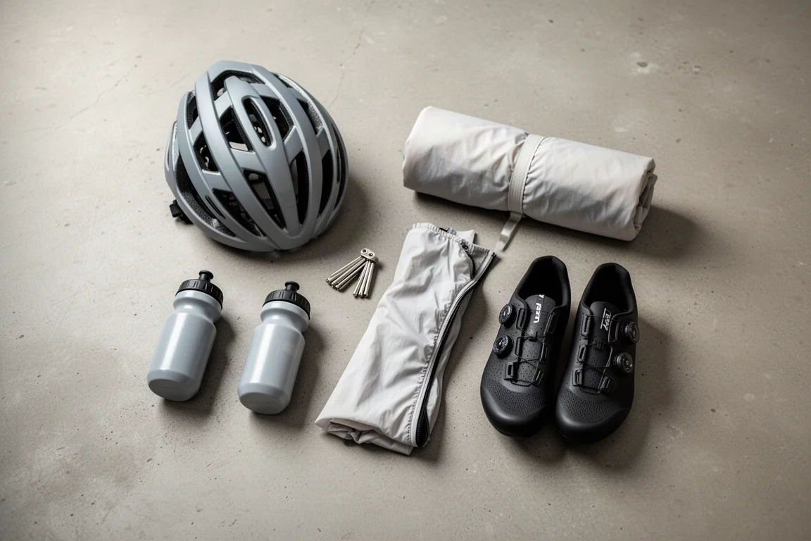 Draufsicht auf flach ausgelegte Radsport-Essentials auf einem Betonboden