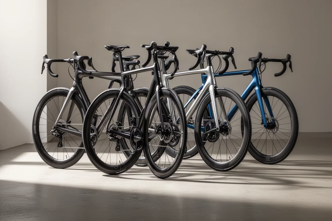 Four aero road race bikes lined up on matte concrete in soft daylight