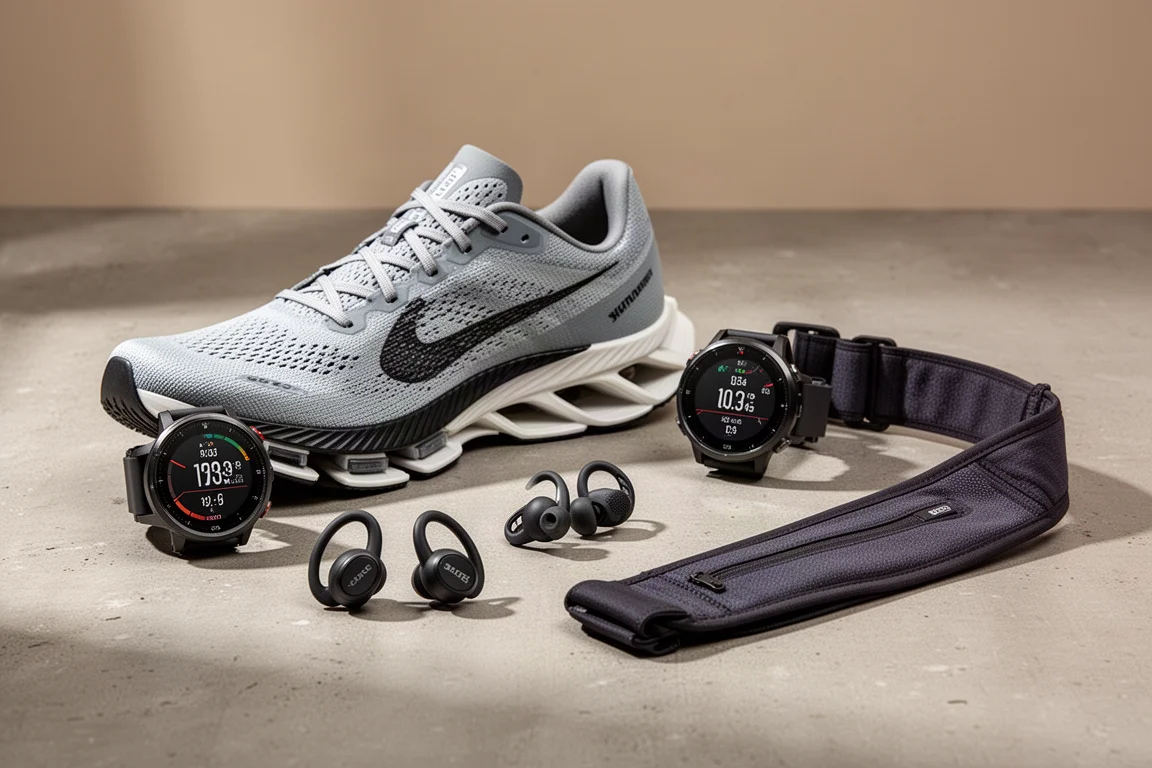 Collection of running gear including a racing shoe, GPS watches, ear-hook earbuds and a running belt on concrete