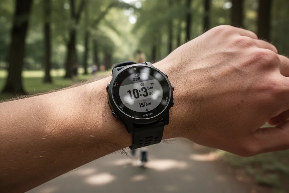 Zegarek GPS na nadgarstku prowadzący przez zadrzewiony odcinek trasy