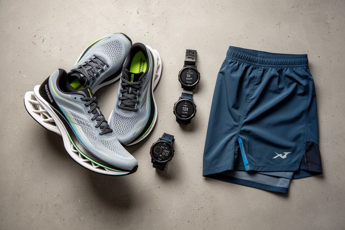 Flat-lay of racing shoes, GPS watches and running shorts on concrete