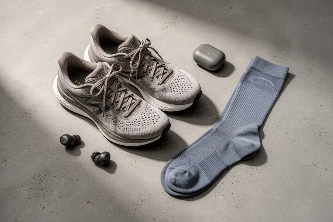 Running shoes, wireless earbuds and compression socks arranged on a concrete surface