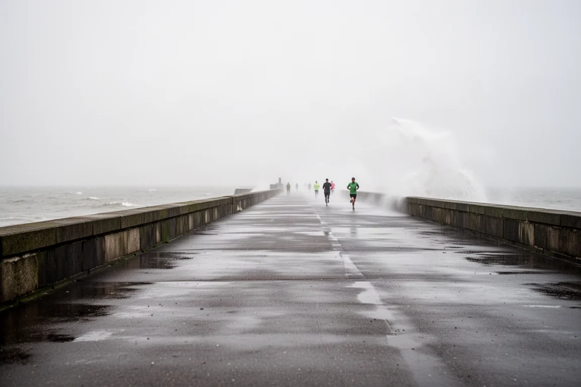 Large promenade plate en bord de mer avec des coureurs au loin sous un ciel couvert