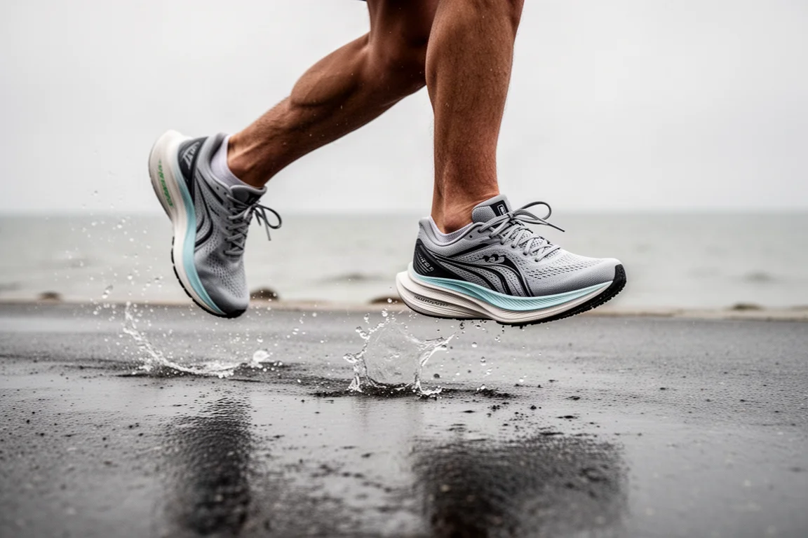 Gros plan sur les pieds d'un coureur en pleine foulée sur un bitume côtier mouillé