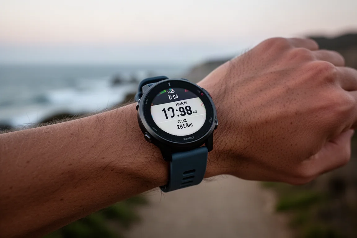 Montre GPS de sport au poignet affichant les données d'allure pendant une course