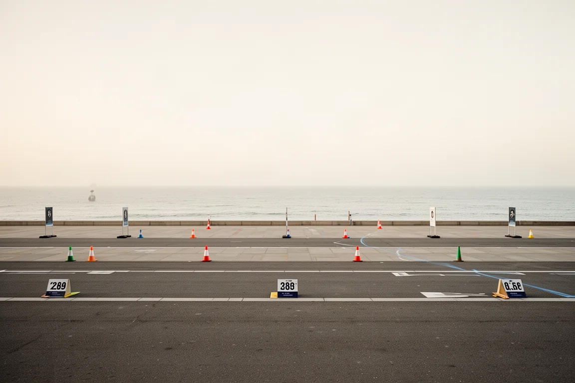 Parcours de course plat en bord de mer balisé de cônes sous un ciel dégagé