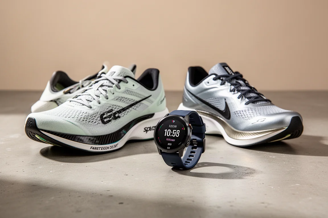 Racing shoes and a GPS sports watch arranged on a concrete surface