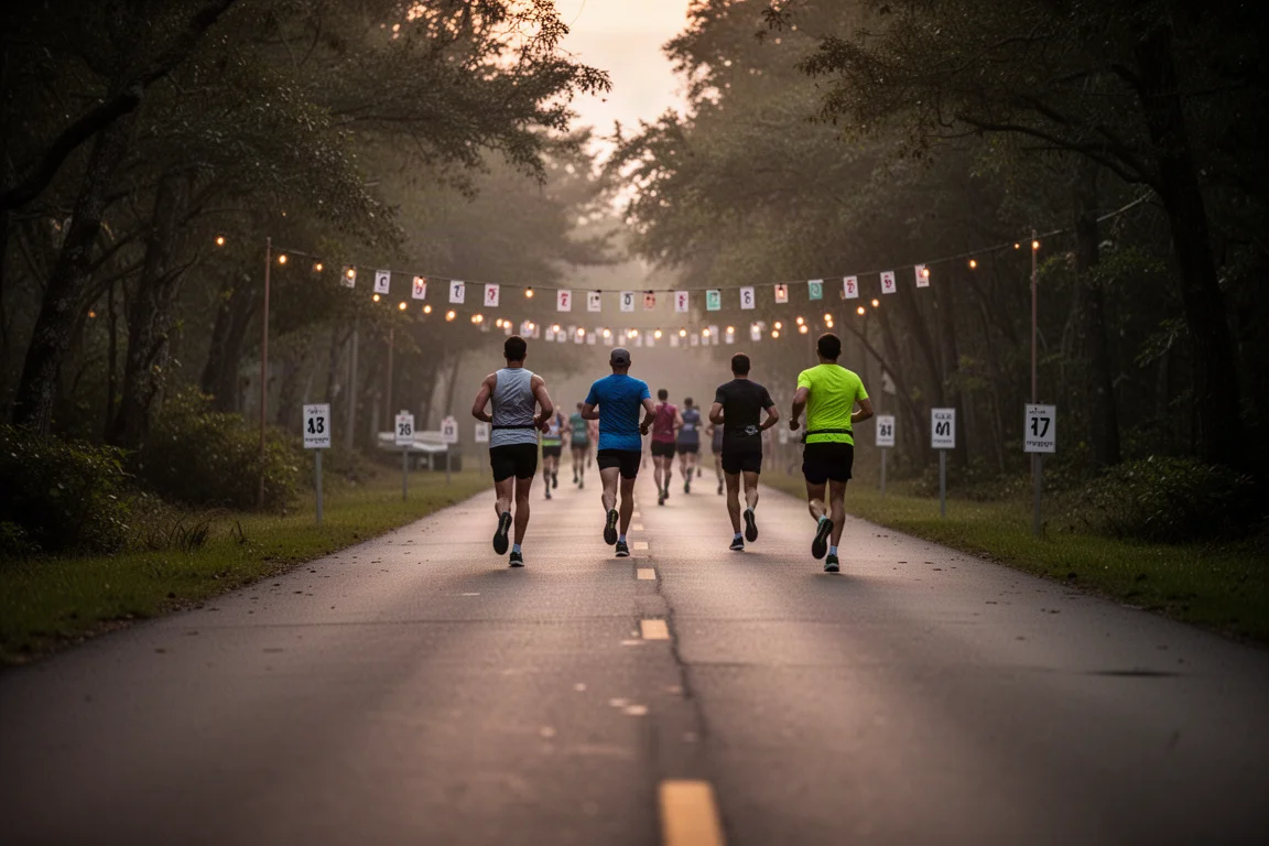 Hardlooper aan de start van een 5K-race in de avond op een met bomen omzoomd eilandpad