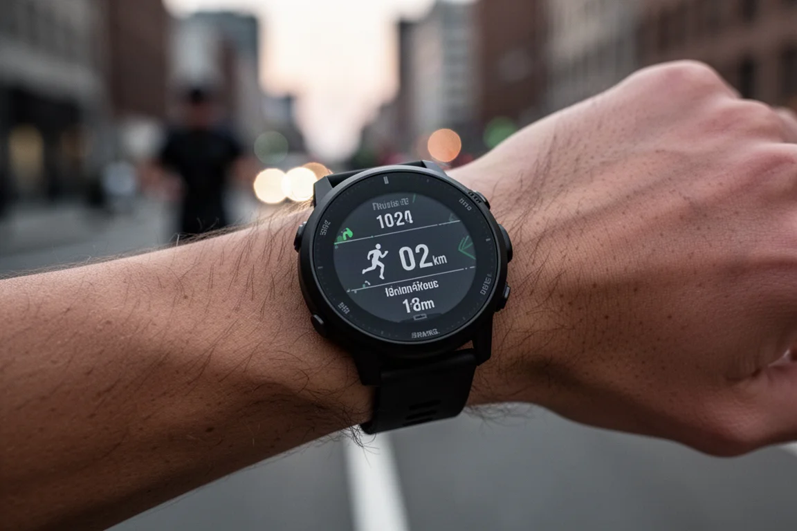 Close-up van een GPS-sporthorloge met hardloopgegevens op het scherm tijdens een run