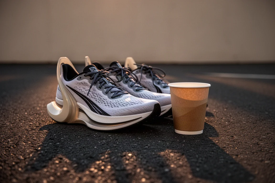 Raceschoenen en een lege racebeker op het asfalt na een 5K in de avond