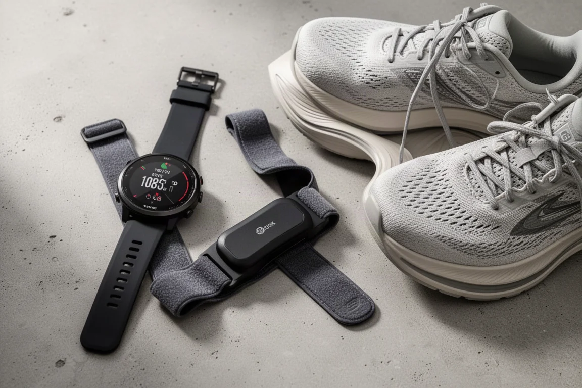 GPS running watch, chest heart rate strap and racing shoes arranged on concrete