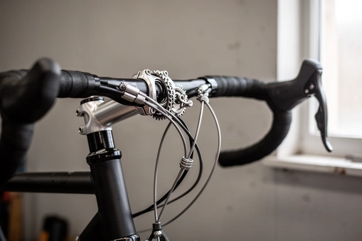 Détail macro d'un cadre de vélo brillant passant du blanc nacré à l'orange puis au rouge feu
