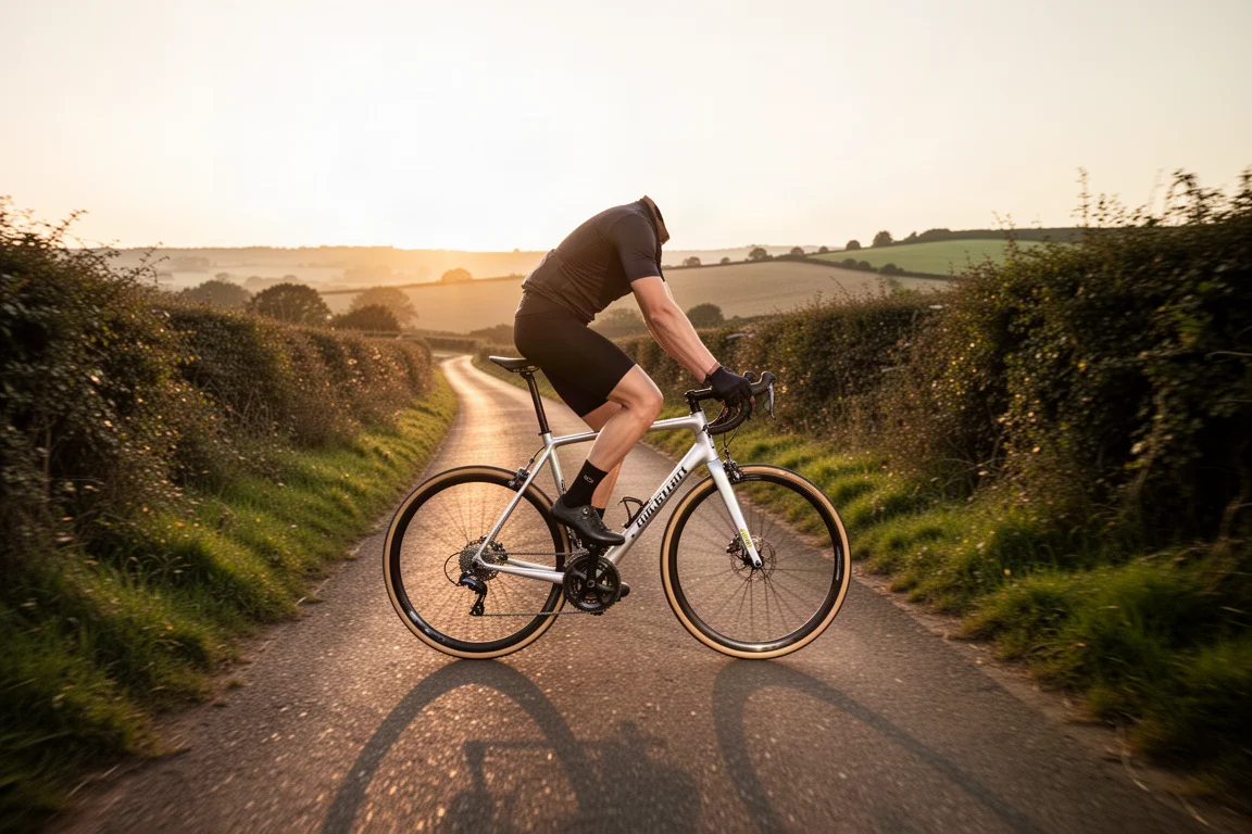 Cycliste sur un vélo de route à freins à jante s'éloignant sur une petite route de campagne déserte à l'aube