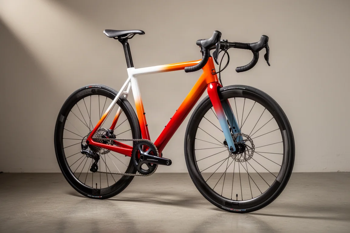 Handmade carbon road bike with gloss pearl white, orange and red paint on a pale studio backdrop