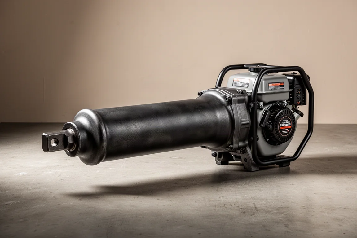 Large gas-powered 1-inch drive impact wrench on a concrete workshop floor