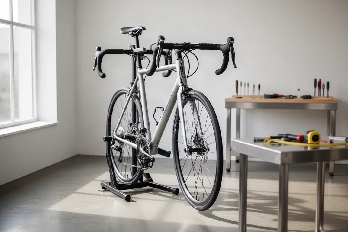 Drop-bar road bike in a workshop stand inside a bright bike-fitting studio