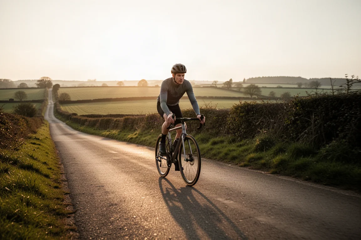 Cyclist riding a road bike on open country lanes at golden hour in a relaxed position