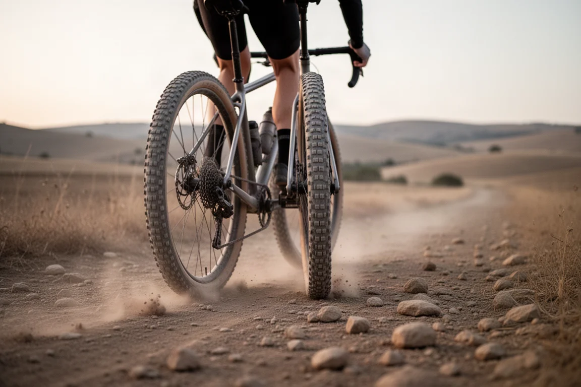 Gravel cyclist riding a dusty track on a bike with wide knobbly tyres
