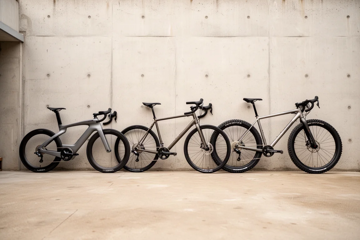 Three drop-bar bicycles leaning against a concrete wall in a workshop courtyard