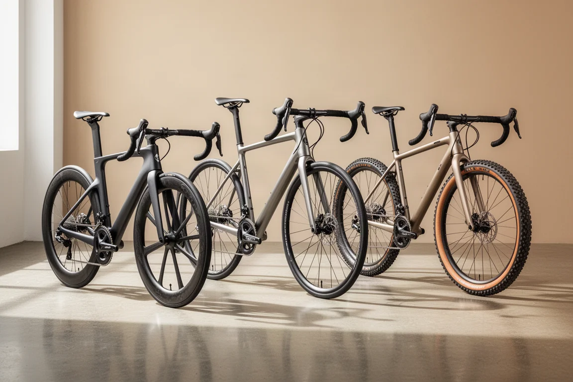 Three drop-bar bicycles side by side in a bright studio showing race, endurance and gravel geometry